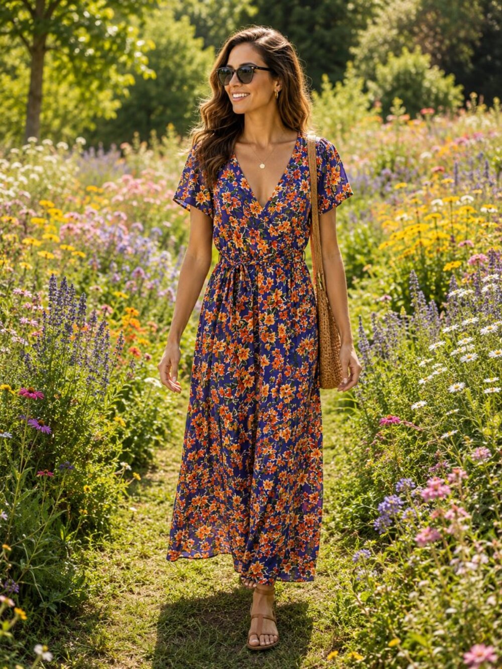 Patrons of Peace Maxi Sundress. Blue, Orange & white Floral. Size Small